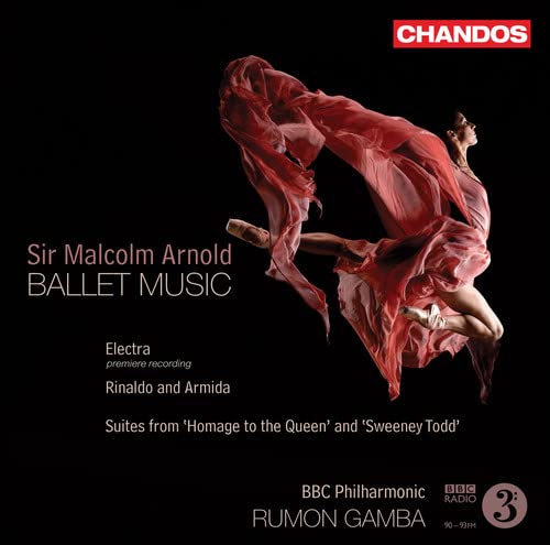 CD cover: Ballerina in red fabric, text “Sir Malcolm Arnold Ballet Music”.