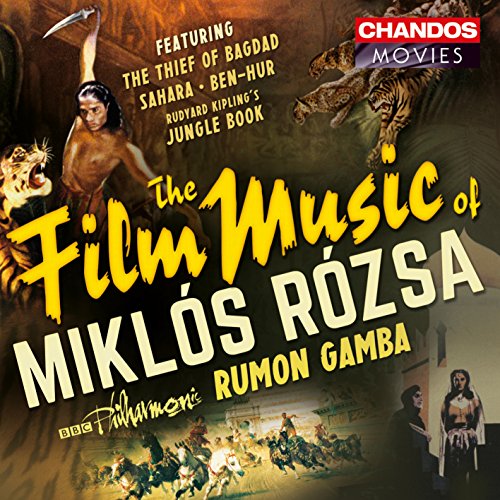 CD cover for “The Music of Rozsa” featuring film scenes and text.