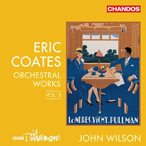 CD cover: Art Deco illustration of people on a train, “Eric Coates”.
