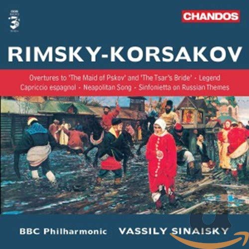 CD cover featuring a painting of people in a village with Rimsky-Korsakov text above.