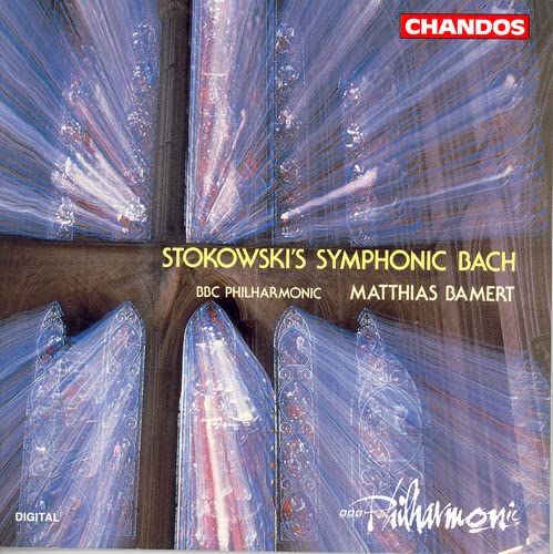 CD cover: abstract blue and purple streaks with text "Stokowski's Symphonic Bach".