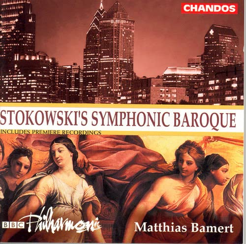 CD cover: city skyline above classical painting, text “Stokowski’s Symphonic Baroque”.