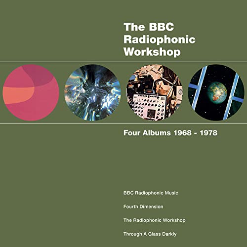 Green album cover featuring four circular images and text listing the four included albums.