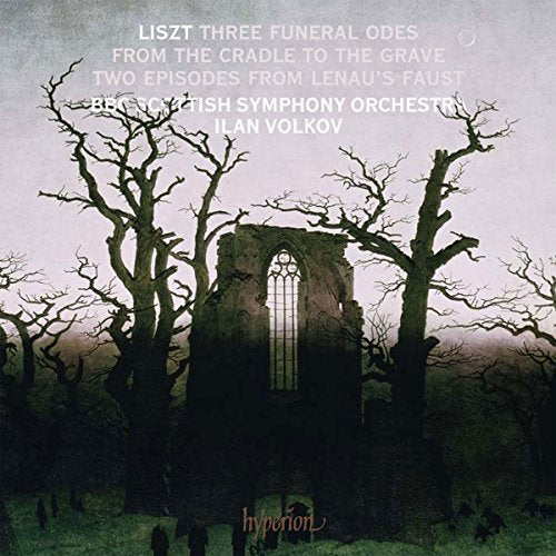 Cover of "Liszt: Funeral Odes" CD featuring a ruined gothic archway and bare trees.