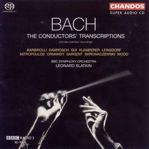 CD cover for Bach’s “The Conductors’ Transcriptions” featuring hands and a baton.