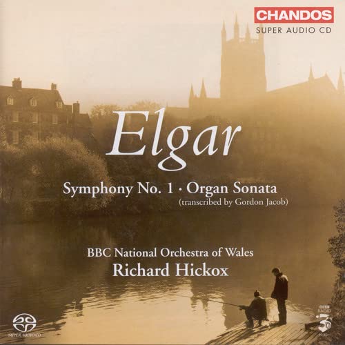 CD cover for Elgar’s Symphony No. 1 with a riverside landscape.