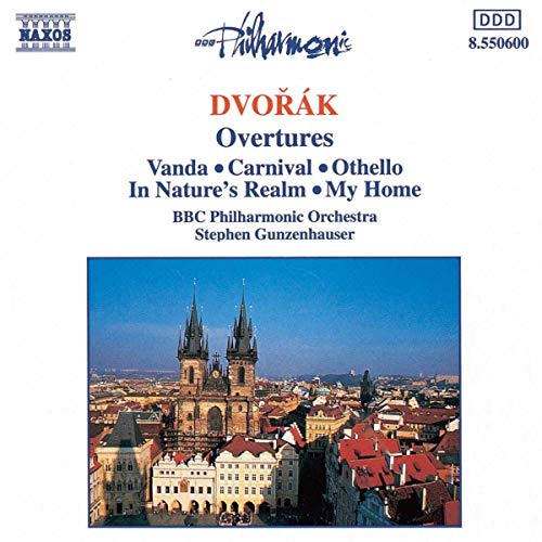 CD cover for Dvořák Overtures featuring the BBC Philharmonic Orchestra and a Prague cityscape.