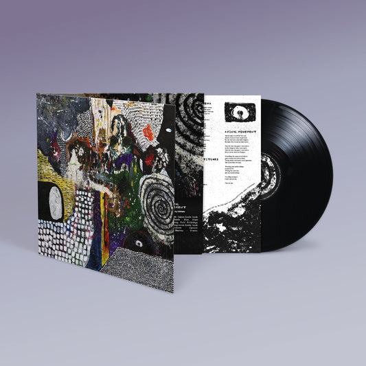 Black vinyl record with colorful, abstract patterned album cover displayed.