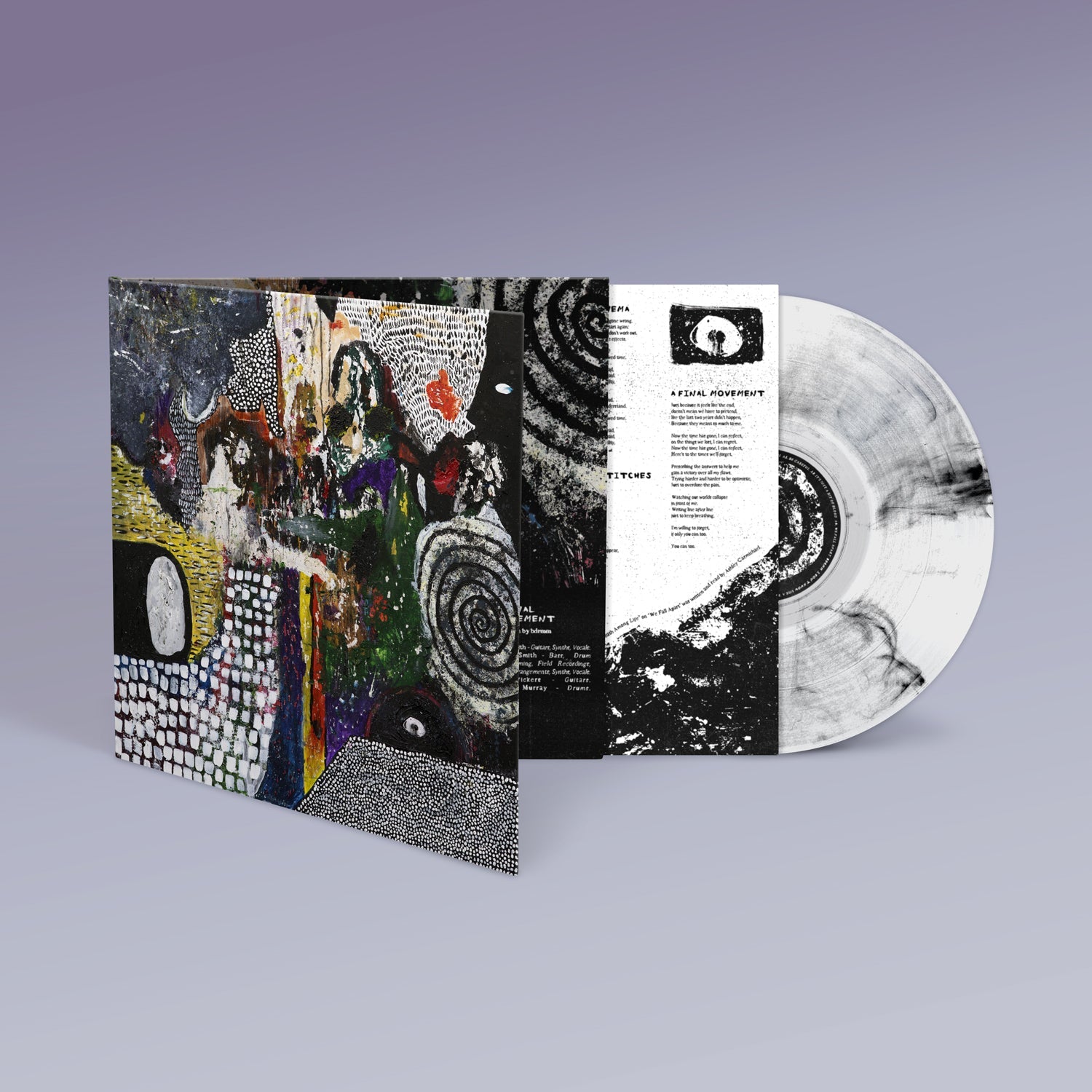 "Vinyl record with white and black marbled disc and abstract album cover art."