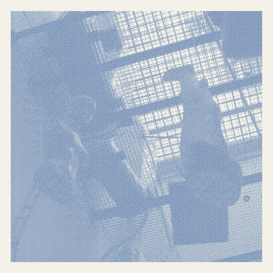 Dotted halftone image of a building facade, blue and beige tones.