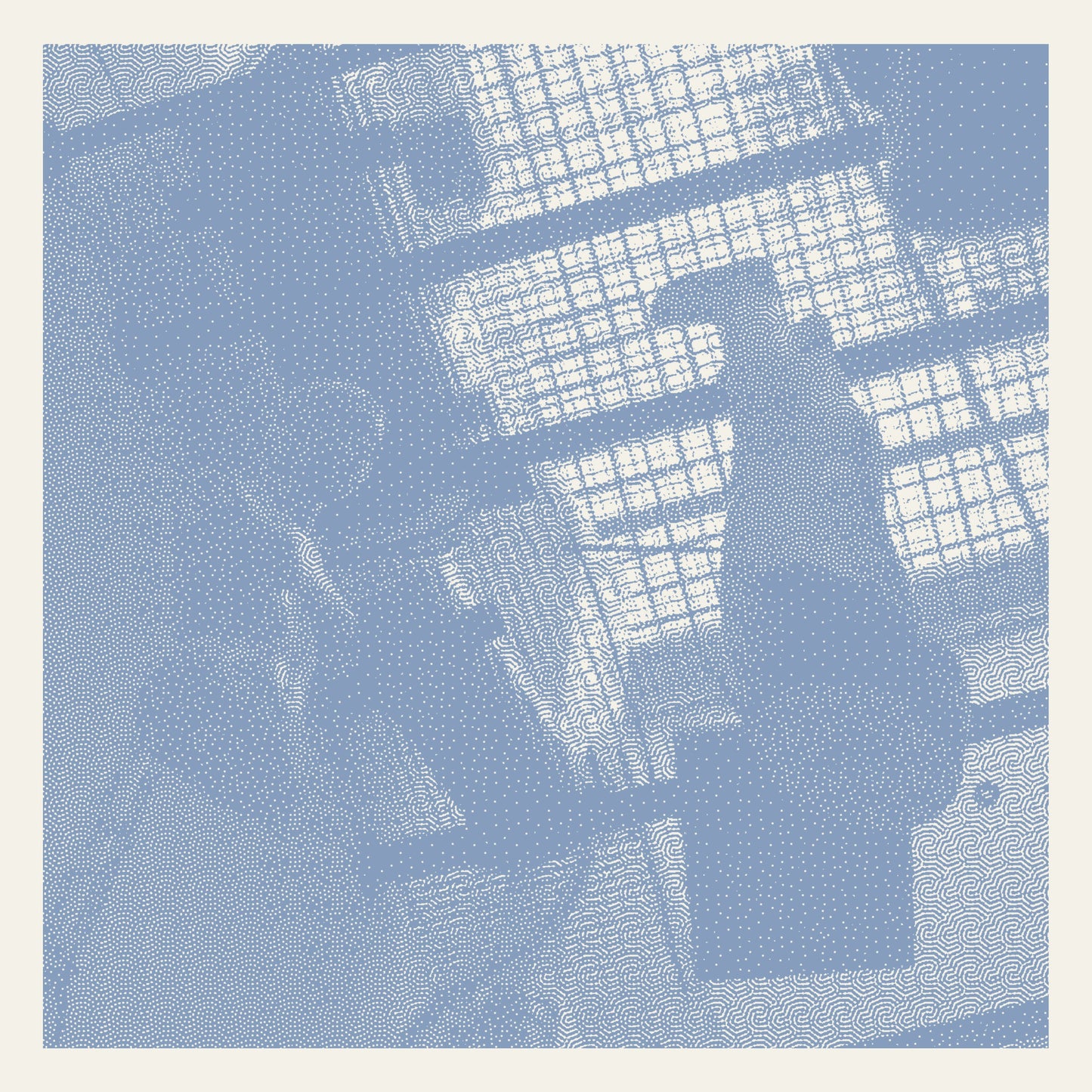 Abstract blue and white halftone illustration featuring geometric patterns and a silhouetted figure.