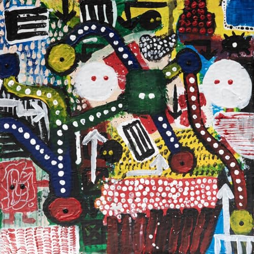 Abstract painting with colorful geometric shapes, dotted lines, arrows, and white circular faces.