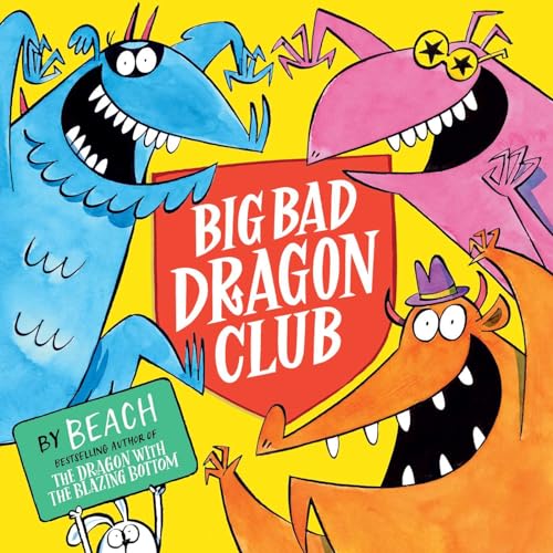 Colorful illustration of three cartoon dragons with large teeth and wings.