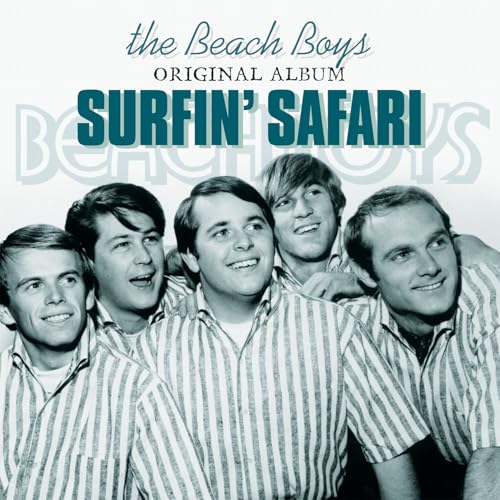 Black and white portrait of The Beach Boys wearing striped shirts on album cover.