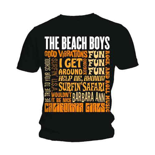 Black t-shirt with The Beach Boys song titles in stacked text.