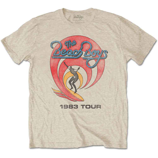 Man wearing beige The Beach Boys t-shirt with surfing graphic.