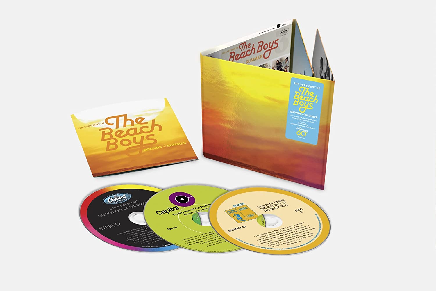 Beach Boys CD box set with three discs and yellow packaging.