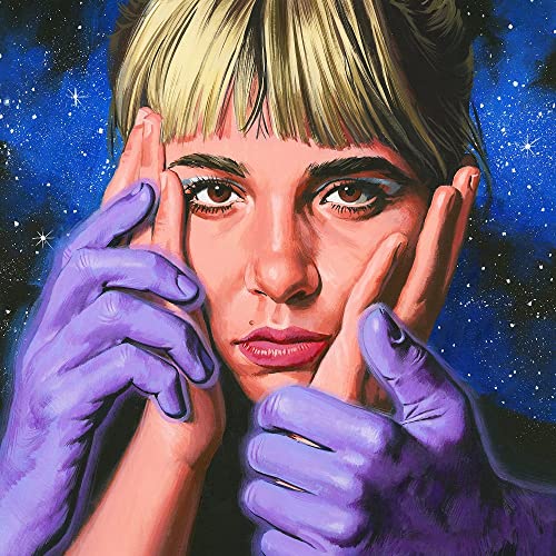 Painted portrait of a woman with purple gloves against a starry blue background.