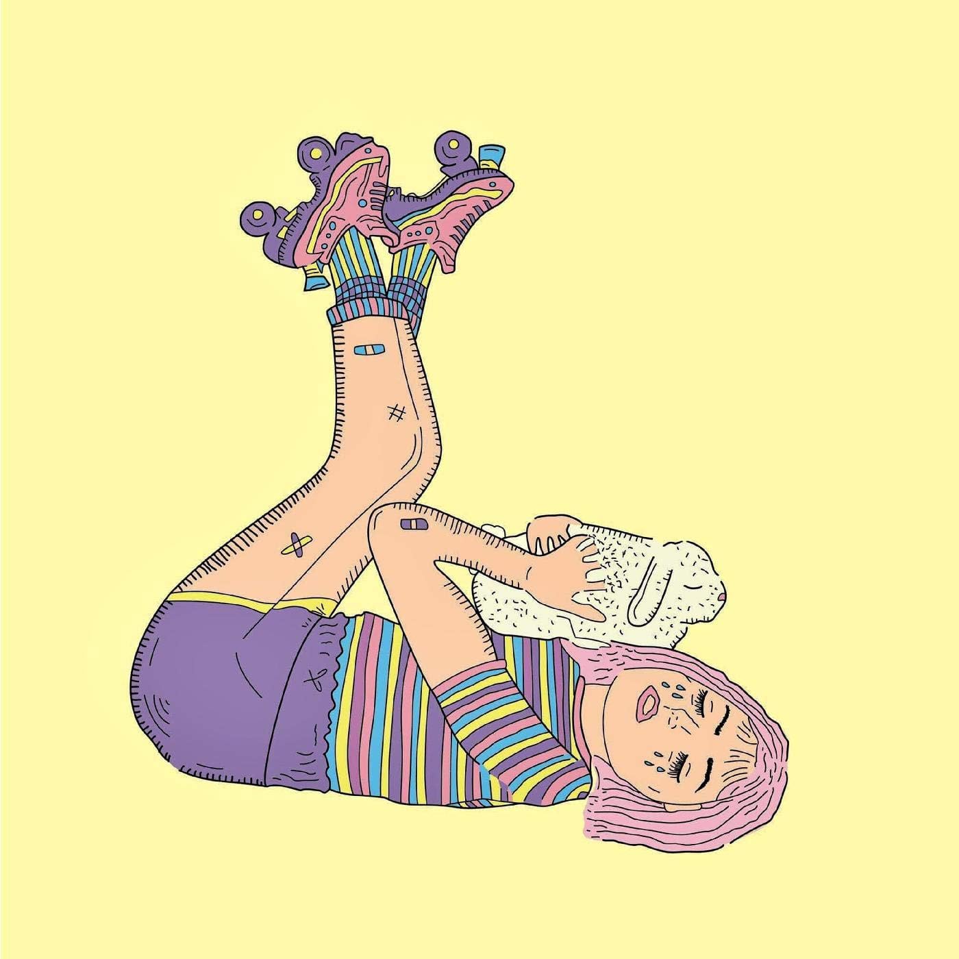 Line drawing of a person on roller skates, legs in the air.