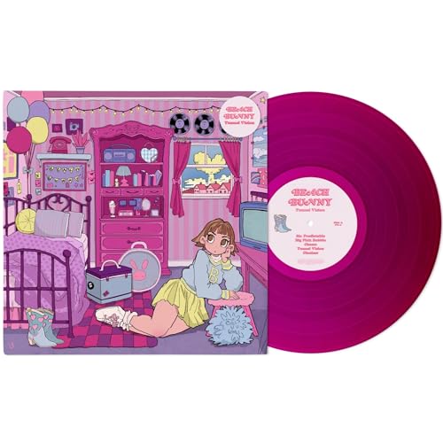 Pink vinyl record with illustrated album cover depicting a bedroom scene.