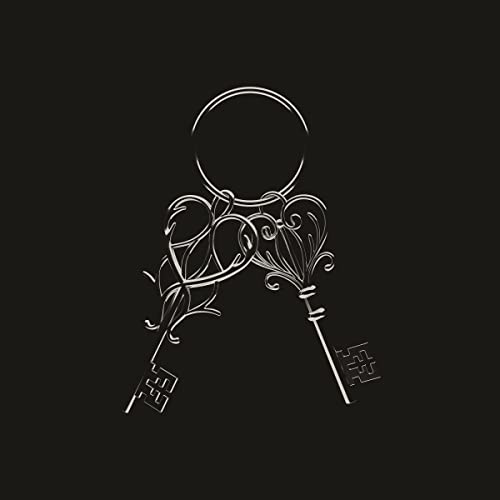 Black background with a silver illustration of ornate, interlocking keys.