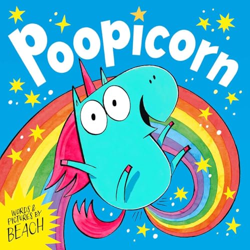 Blue unicorn jumping across a rainbow with sparkling stars.