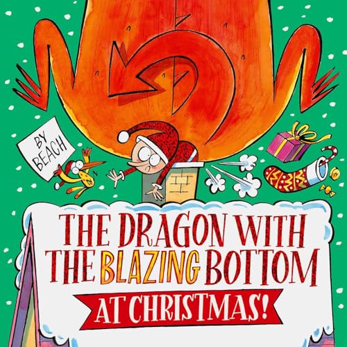 Cartoon dragon with Santa hat emitting flames above a chimney.
