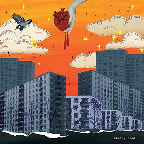 Hand holding a heart over city buildings, with bird and clouds.