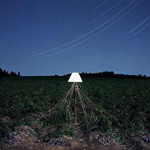 Lamp in a field under a dark, streaked night sky.