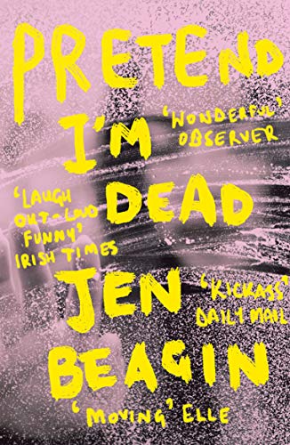 Book cover with yellow text on a pink and black grainy background.