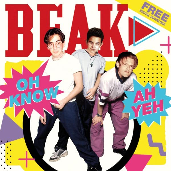 Three young men pose in front of a colorful, 90s-style graphic album cover.
