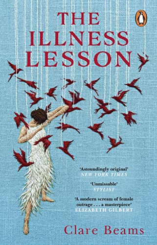 Book cover with a woman in a white dress surrounded by red birds.