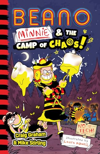 Cartoon book cover featuring Minnie from Beano at a chaotic campsite.