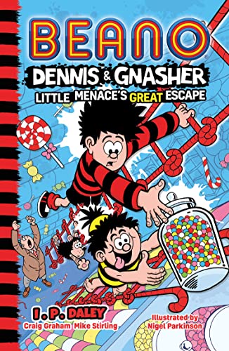 Beano book cover featuring Dennis, Gnasher, and a candy-filled scene.