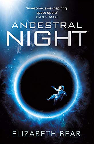 An astronaut floats in space before a glowing blue ring against a black background.