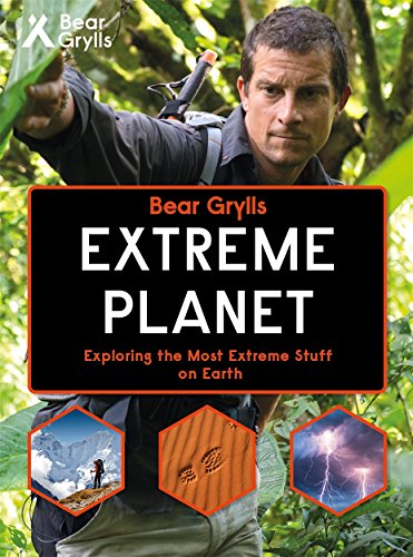 Bear Grylls stands in a jungle, book cover for "Extreme Planet".