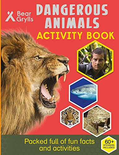 "Red book cover featuring a roaring lion and images of Bear Grylls and various animals."