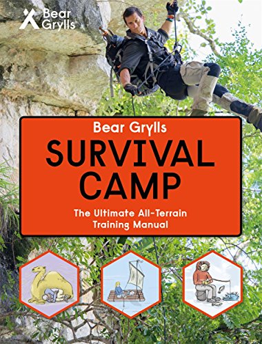 "Book cover with man rappelling, orange title box, and survival illustrations."