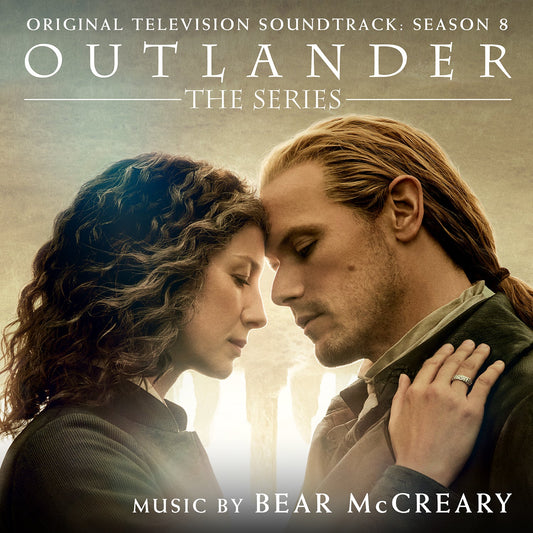 Outlander soundtrack CD cover featuring a couple embracing, music by Bear McCreary.
