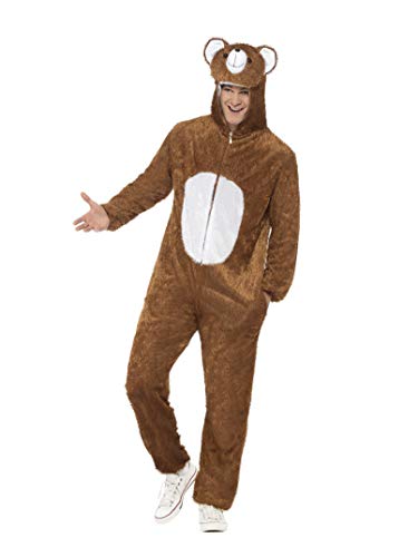 A person wearing a brown plush bear onesie costume with a hood and white belly.