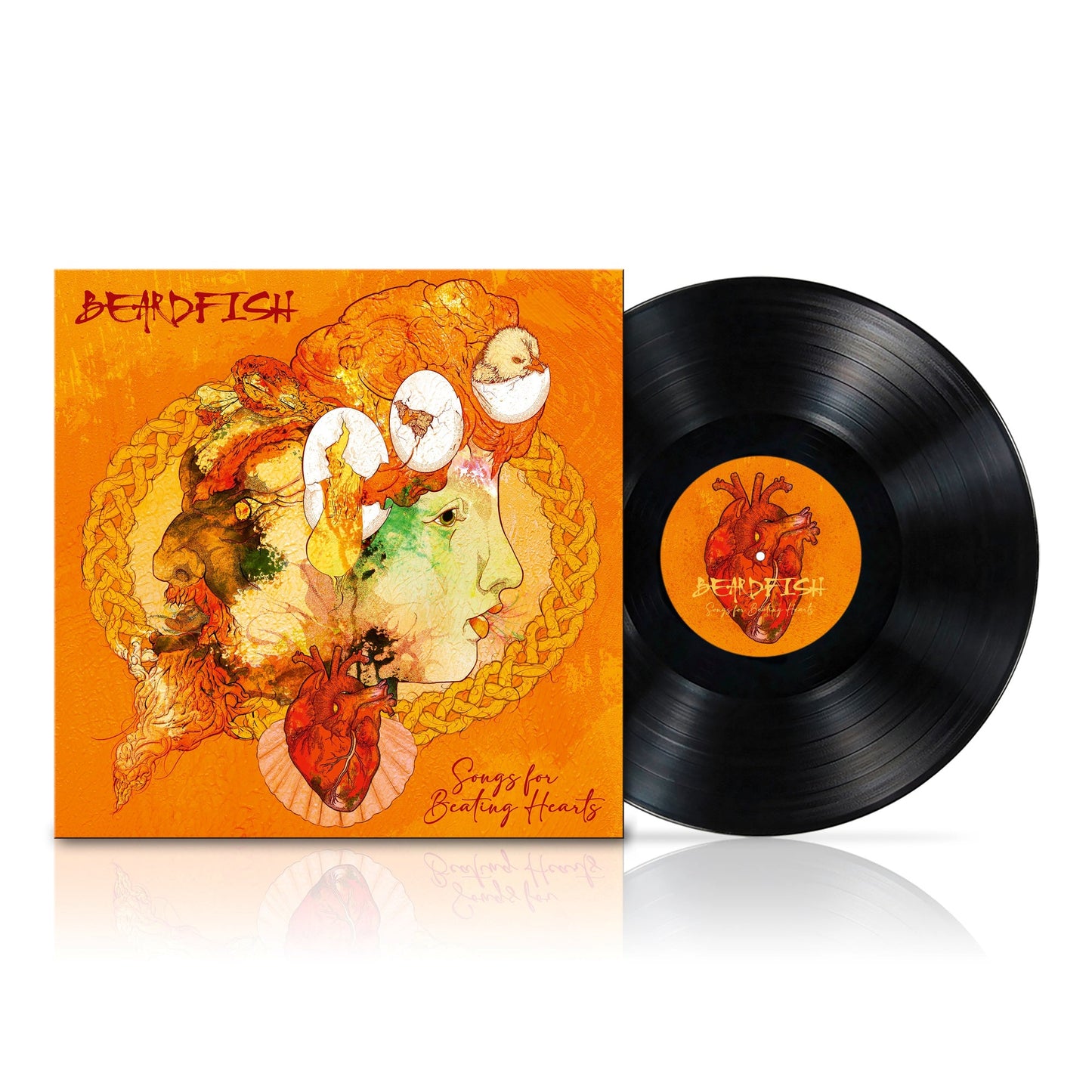Beardfish vinyl record with orange cover art featuring faces and hearts.