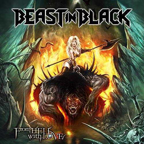 Vinyl album cover with a woman riding a monster amidst flames and skulls.