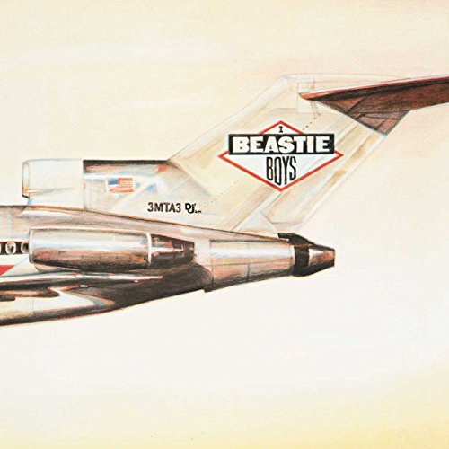 Illustration of the tail section of a silver airplane with Beastie Boys logo.