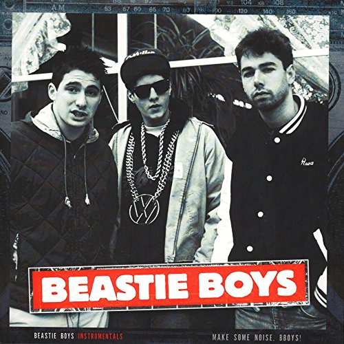 Black and white photo of the three Beastie Boys members with a red logo.