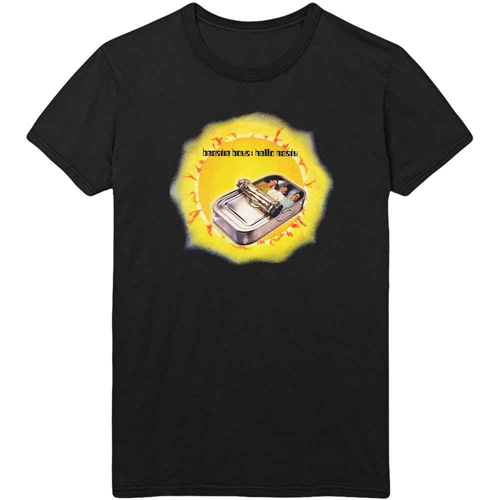 Black t-shirt with a colorful sardine can and Beastie Boys logo print.