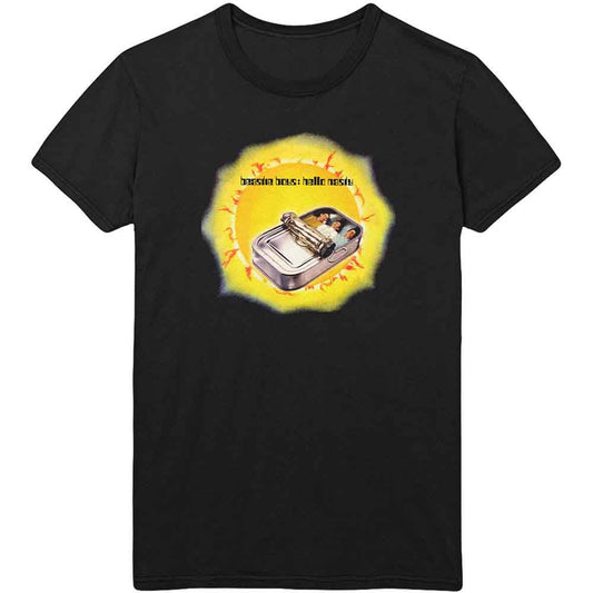 Black t-shirt with a colorful sardine can and Beastie Boys logo print.