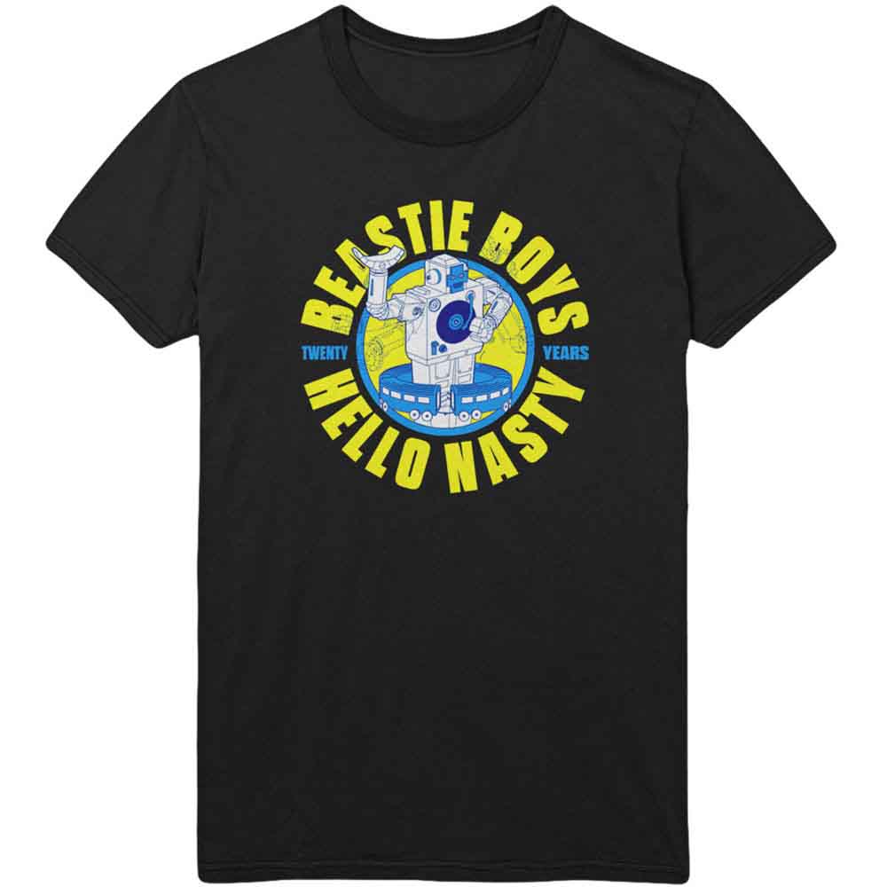Black t-shirt with a yellow circular “Beastie Boys” and robot graphic.