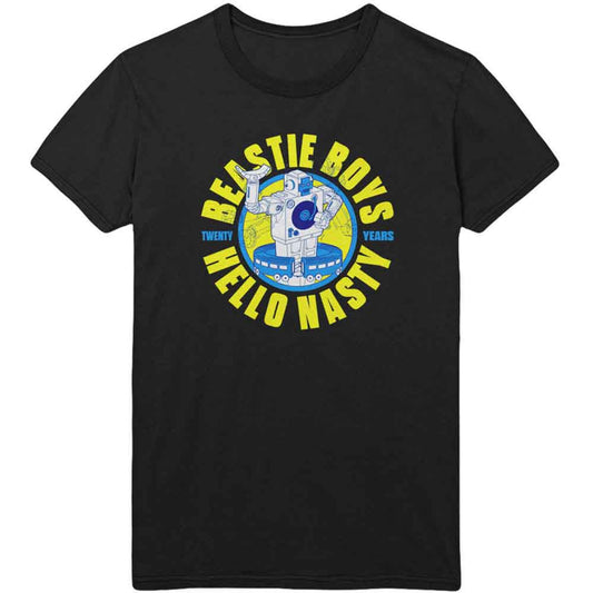 Black t-shirt with a yellow circular “Beastie Boys” and robot graphic.
