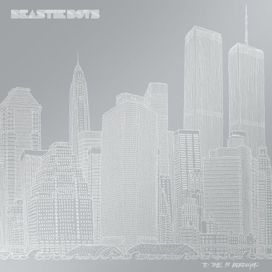 White line drawing of the New York City skyline on a grey background.