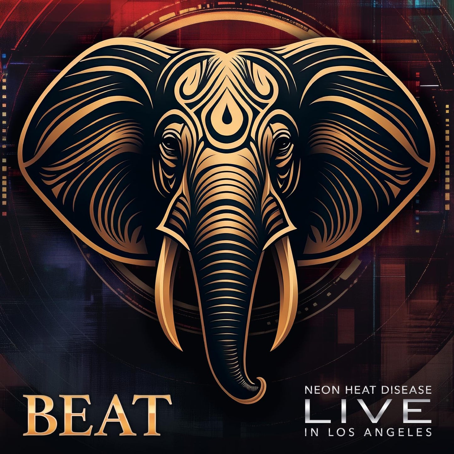 Vinyl record of "BEAT - Live" with golden elephant artwork on a red background.